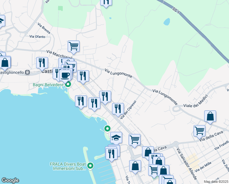 map of restaurants, bars, coffee shops, grocery stores, and more near 52 Via Mare Egeo in Rosignano Solvay-Castiglioncello
