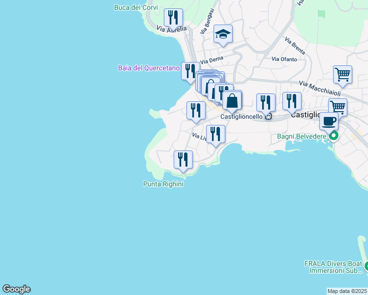 map of restaurants, bars, coffee shops, grocery stores, and more near 9 Via Giuseppe Saragat in Rosignano Solvay-Castiglioncello