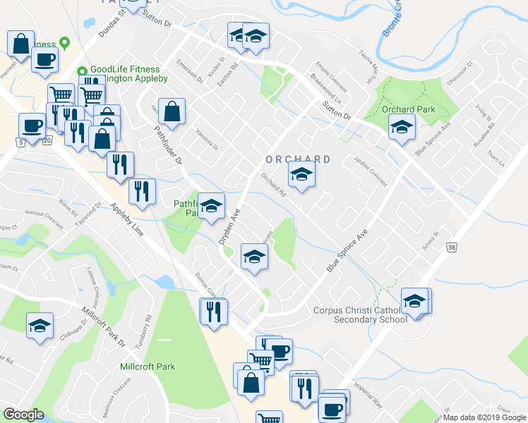 map of restaurants, bars, coffee shops, grocery stores, and more near 5240 Brada Crescent in Burlington