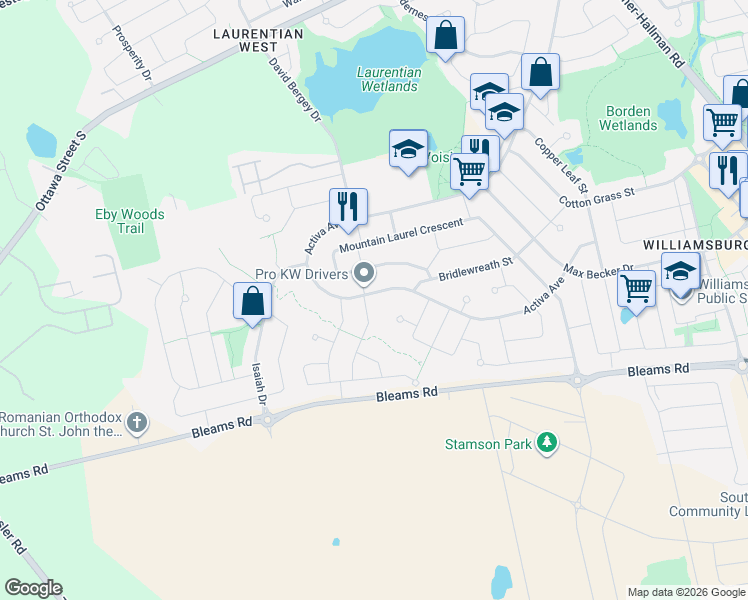 map of restaurants, bars, coffee shops, grocery stores, and more near 533 Activa Avenue in Kitchener