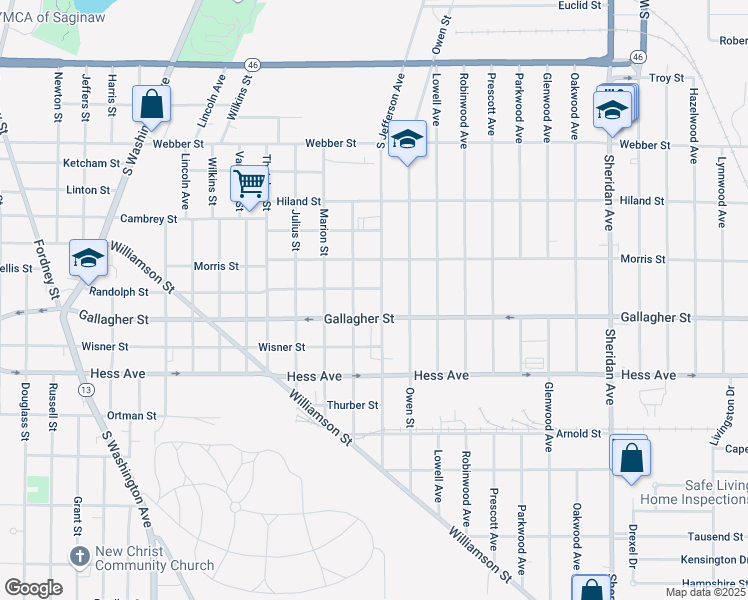 map of restaurants, bars, coffee shops, grocery stores, and more near 2619 South Jefferson Avenue in Saginaw