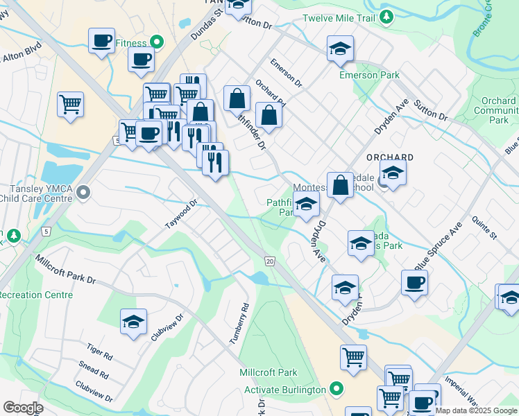 map of restaurants, bars, coffee shops, grocery stores, and more near 5148 Oakley Drive in Burlington