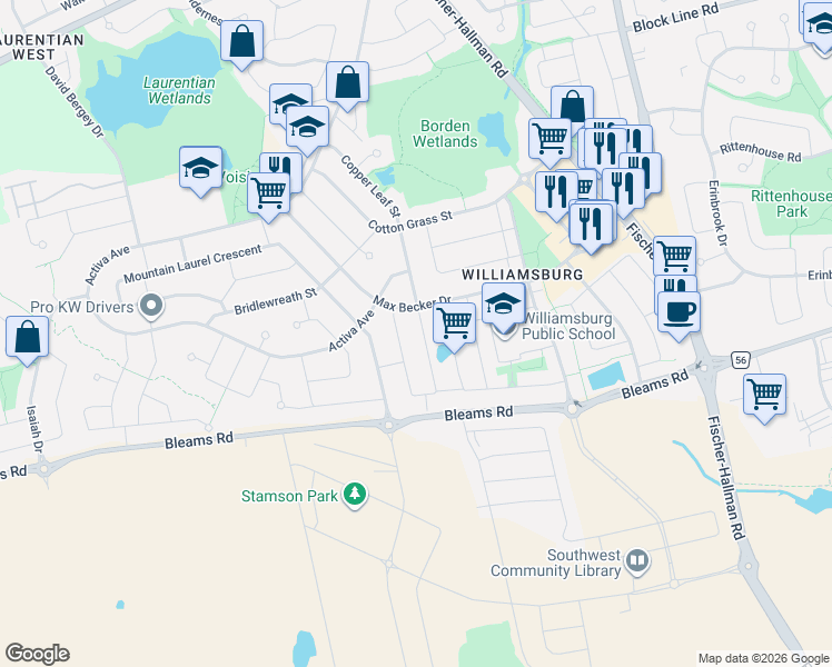 map of restaurants, bars, coffee shops, grocery stores, and more near 925 Copper Leaf Crescent in Kitchener