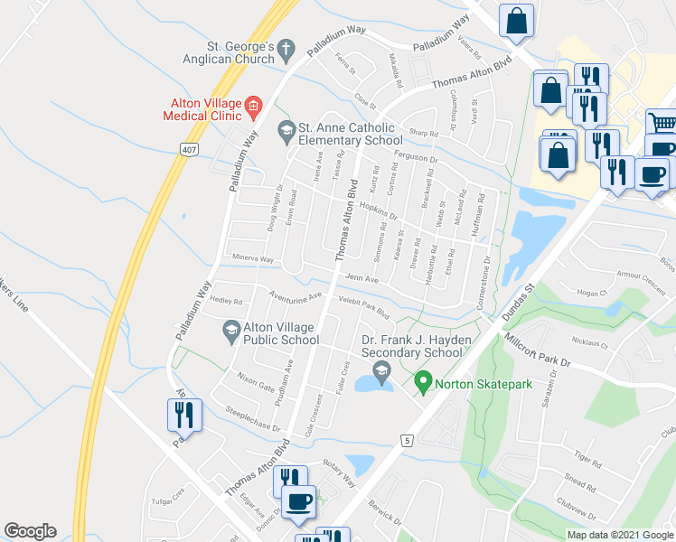 map of restaurants, bars, coffee shops, grocery stores, and more near 4823 Thomas Alton Boulevard in Burlington