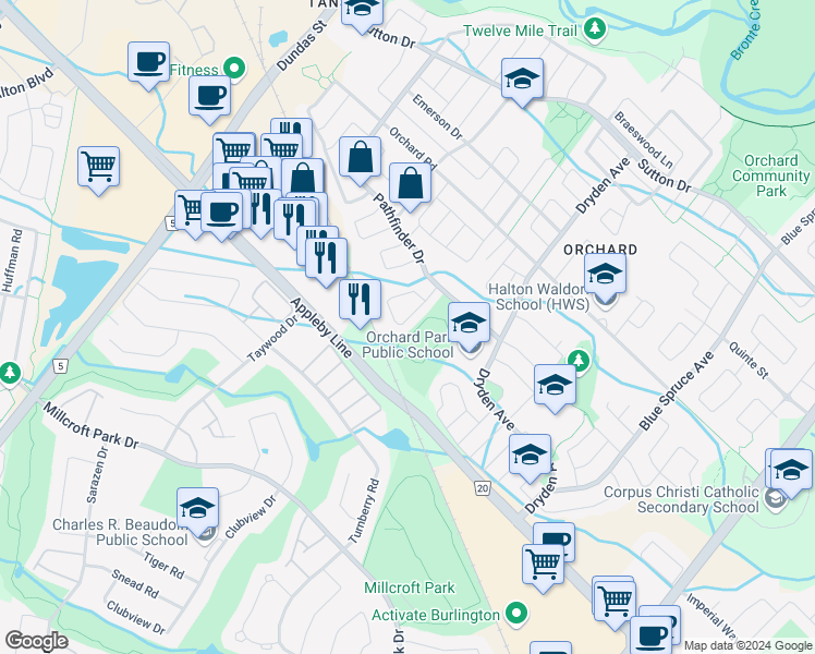 map of restaurants, bars, coffee shops, grocery stores, and more near 5154 Oakley Drive in Burlington