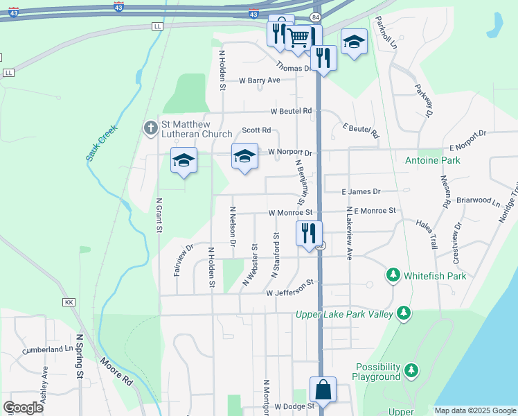 map of restaurants, bars, coffee shops, grocery stores, and more near 319 West Monroe Street in Port Washington