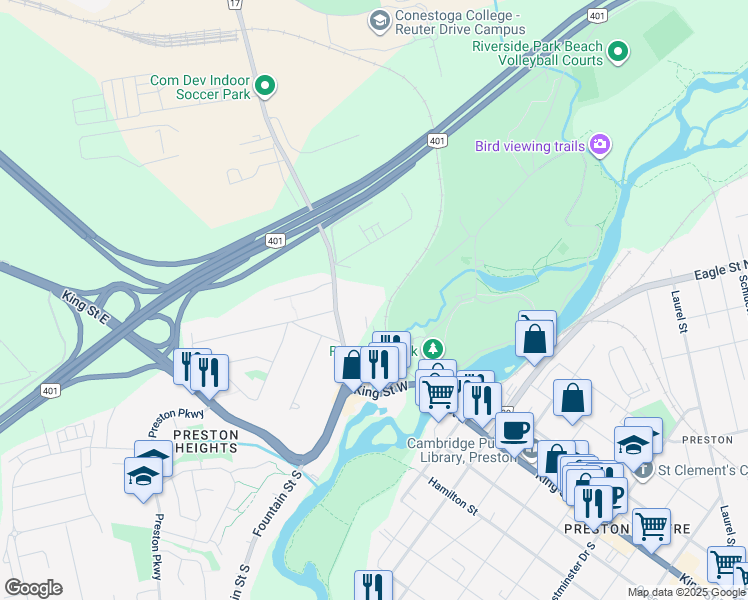 map of restaurants, bars, coffee shops, grocery stores, and more near 237 King Street West in Cambridge