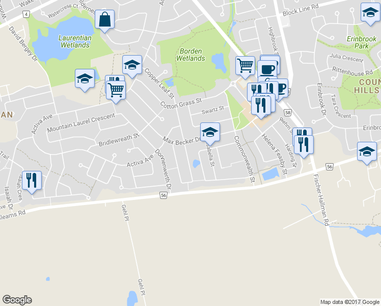 map of restaurants, bars, coffee shops, grocery stores, and more near 924 Copper Leaf Crescent in Kitchener