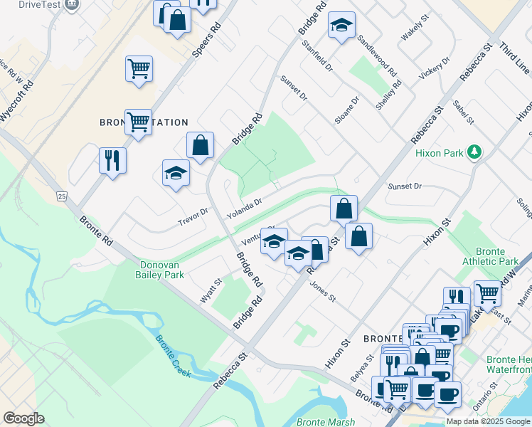 map of restaurants, bars, coffee shops, grocery stores, and more near Donovan Bailey Trail in Oakville