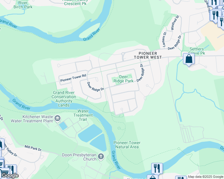map of restaurants, bars, coffee shops, grocery stores, and more near 422 Deer Ridge Drive in Kitchener