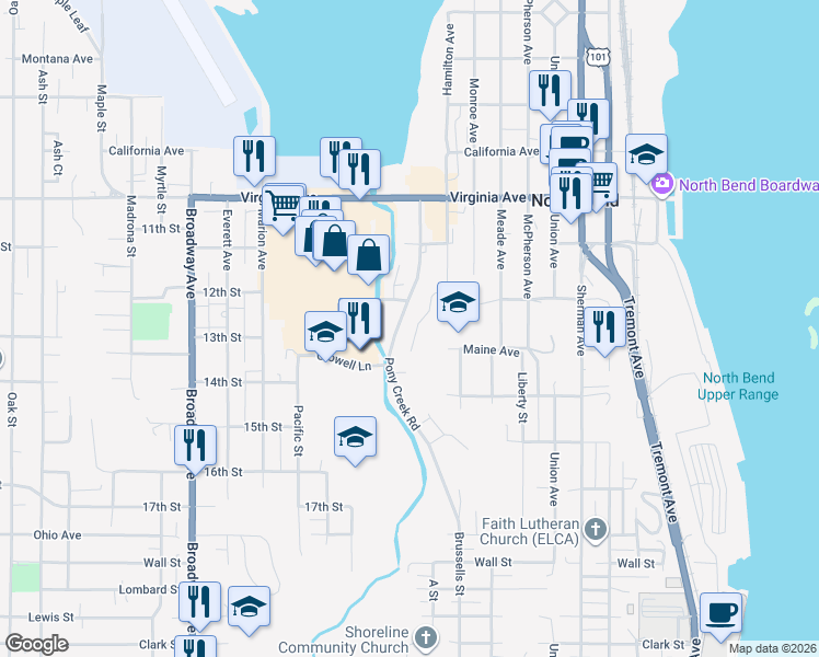 map of restaurants, bars, coffee shops, grocery stores, and more near 2290 Hamilton Avenue in North Bend