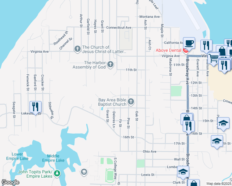 map of restaurants, bars, coffee shops, grocery stores, and more near 2300 Fir Street in North Bend