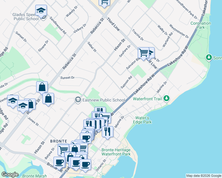 map of restaurants, bars, coffee shops, grocery stores, and more near 153 Ulster Drive in Oakville