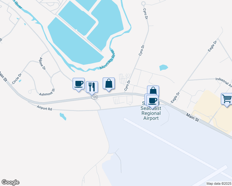 map of restaurants, bars, coffee shops, grocery stores, and more near 1749 Main Street in Sanford