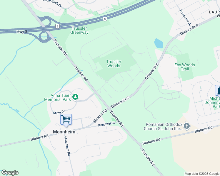 map of restaurants, bars, coffee shops, grocery stores, and more near 632 Trussler Road in Kitchener