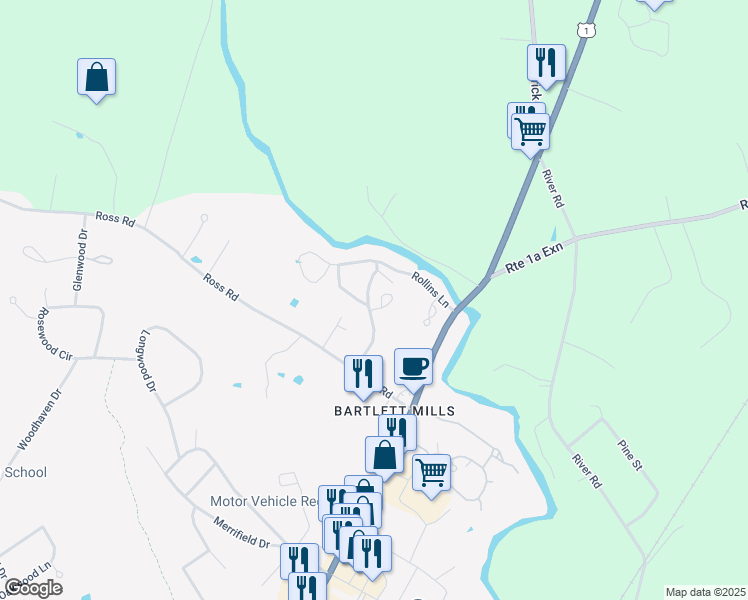 map of restaurants, bars, coffee shops, grocery stores, and more near 1 Huntington Common Drive in Kennebunk