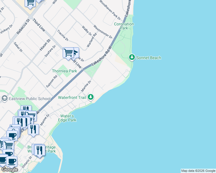 map of restaurants, bars, coffee shops, grocery stores, and more near 7 Third Line in Oakville