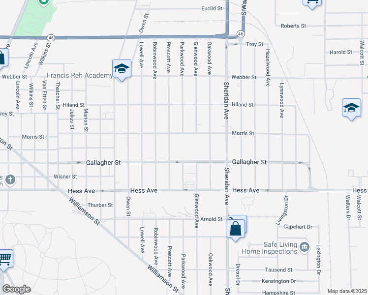map of restaurants, bars, coffee shops, grocery stores, and more near 2600 Prescott Avenue in Saginaw