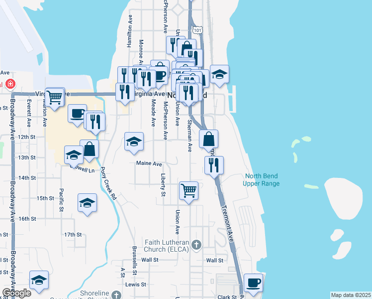 map of restaurants, bars, coffee shops, grocery stores, and more near 2284 Sherman Avenue in North Bend