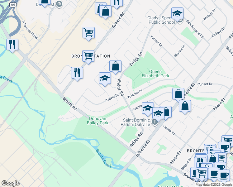 map of restaurants, bars, coffee shops, grocery stores, and more near 2433 Trevor Drive in Oakville
