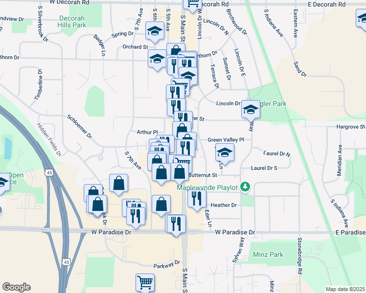 map of restaurants, bars, coffee shops, grocery stores, and more near 1400 South Main Street in West Bend
