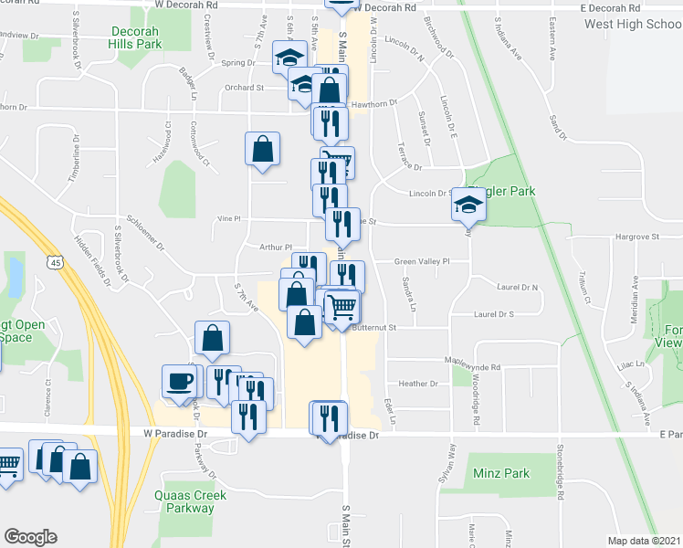 map of restaurants, bars, coffee shops, grocery stores, and more near 1400 South Main Street in West Bend