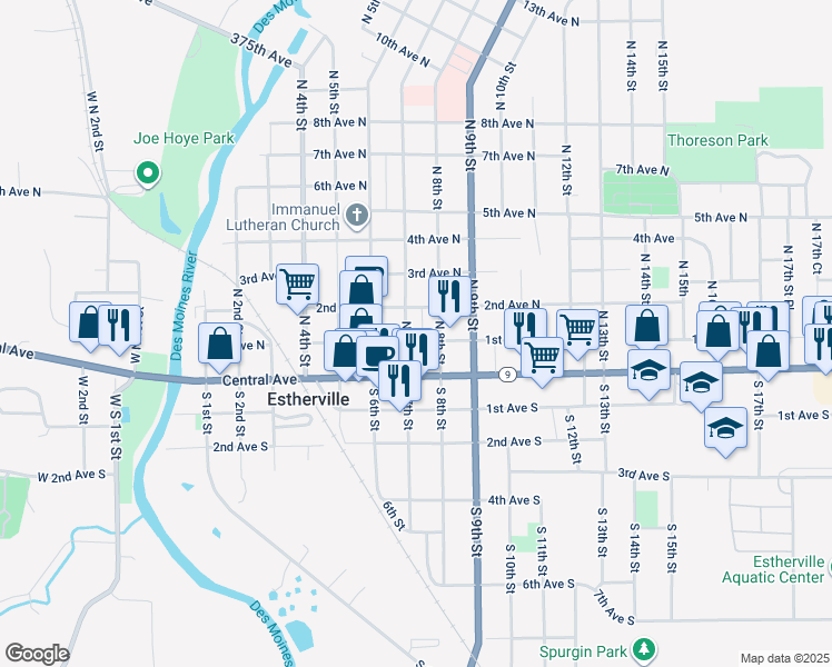 map of restaurants, bars, coffee shops, grocery stores, and more near in Estherville