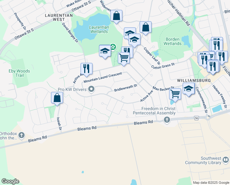 map of restaurants, bars, coffee shops, grocery stores, and more near 256 Bridlewreath Street in Kitchener