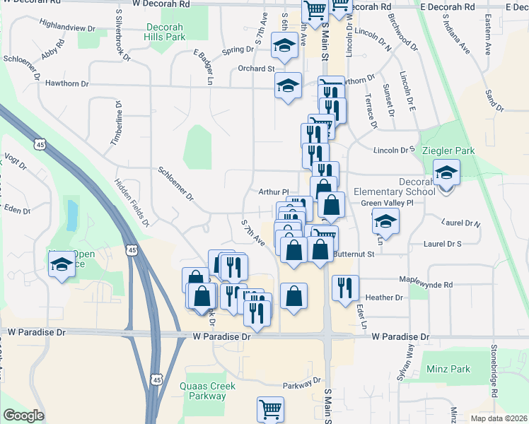 map of restaurants, bars, coffee shops, grocery stores, and more near 1477 South 7th Avenue in West Bend