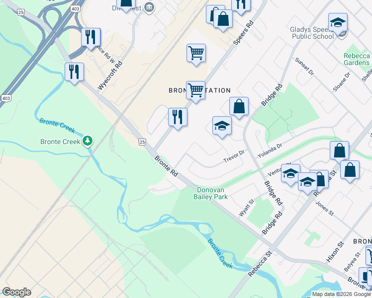 map of restaurants, bars, coffee shops, grocery stores, and more near 2526 Woburn Crescent in Oakville
