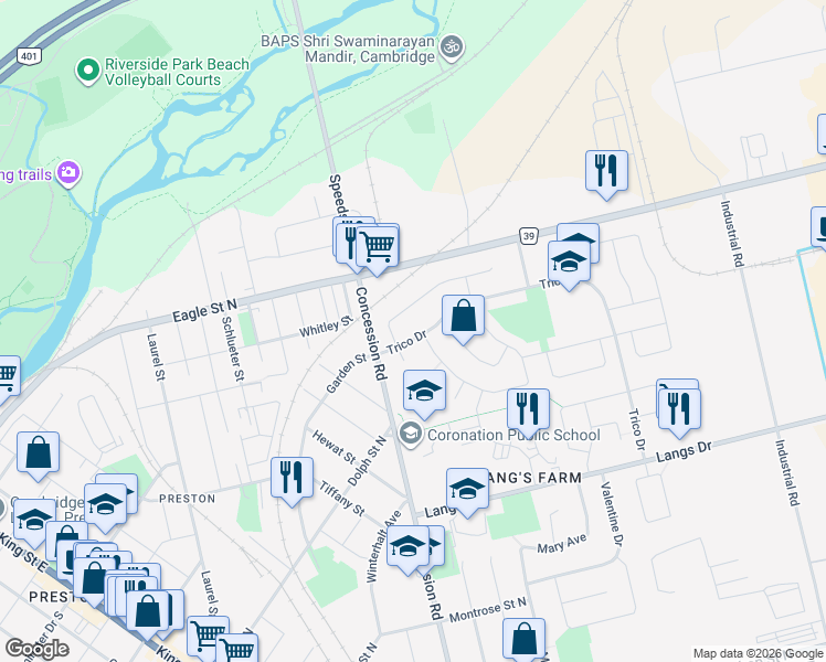 map of restaurants, bars, coffee shops, grocery stores, and more near 505 Trico Drive in Cambridge
