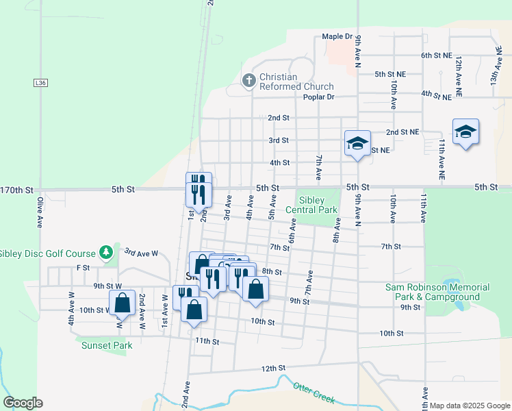 map of restaurants, bars, coffee shops, grocery stores, and more near 401-499 6th Street in Sibley