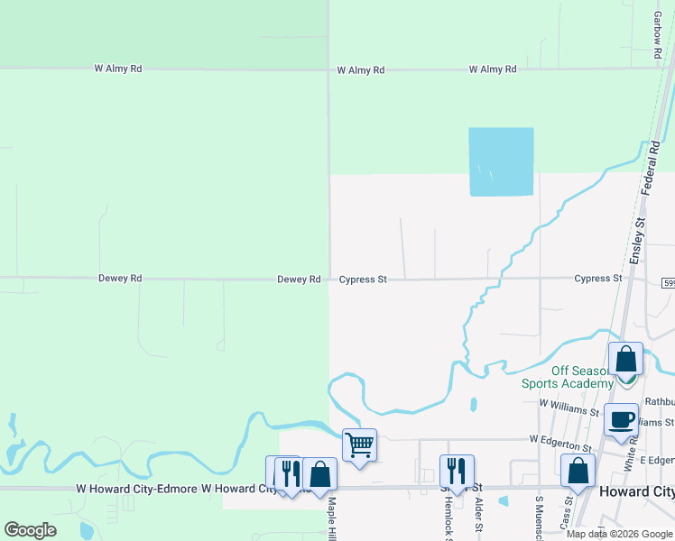 map of restaurants, bars, coffee shops, grocery stores, and more near 844 Cypress Street in Howard City