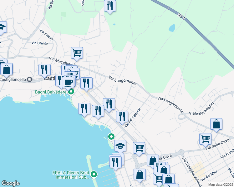 map of restaurants, bars, coffee shops, grocery stores, and more near 52 Via mare Egeo in Rosignano Solvay-Castiglioncello