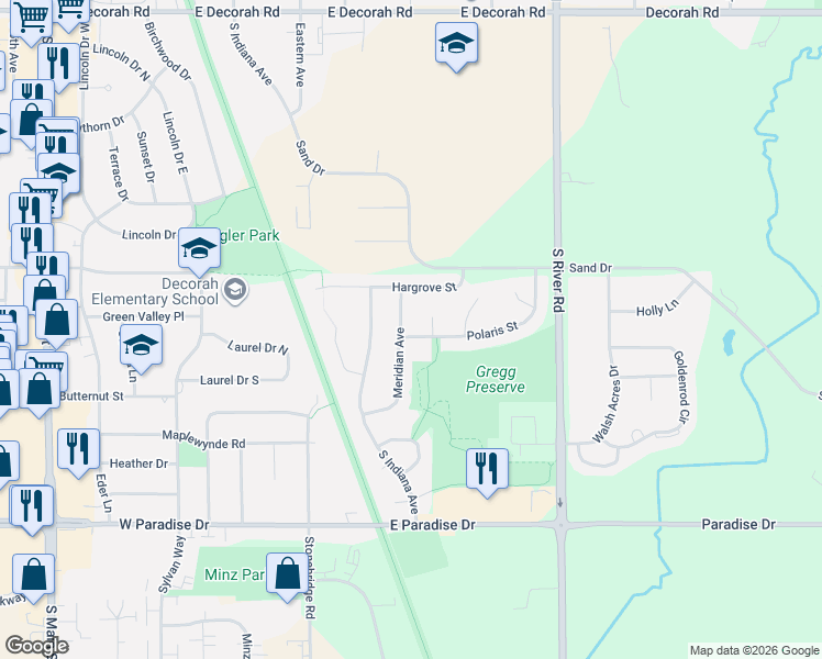 map of restaurants, bars, coffee shops, grocery stores, and more near 1415 Meridian Avenue in West Bend
