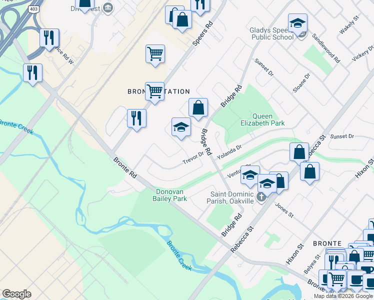 map of restaurants, bars, coffee shops, grocery stores, and more near 2454 Trevor Drive in Oakville
