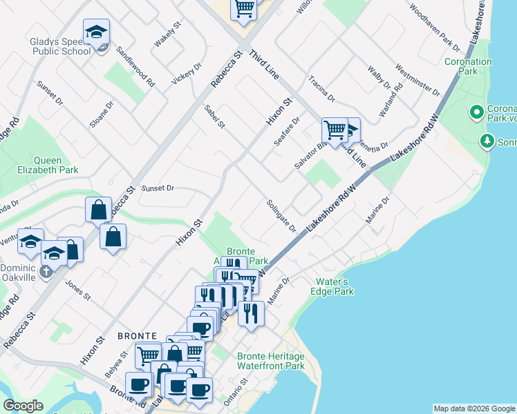 map of restaurants, bars, coffee shops, grocery stores, and more near 153 Ulster Drive in Oakville