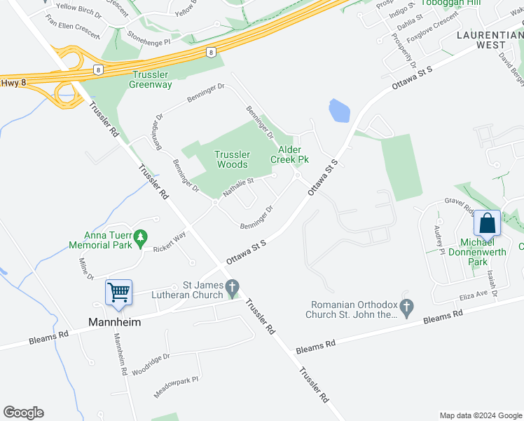 map of restaurants, bars, coffee shops, grocery stores, and more near 657 Benninger Drive in Kitchener