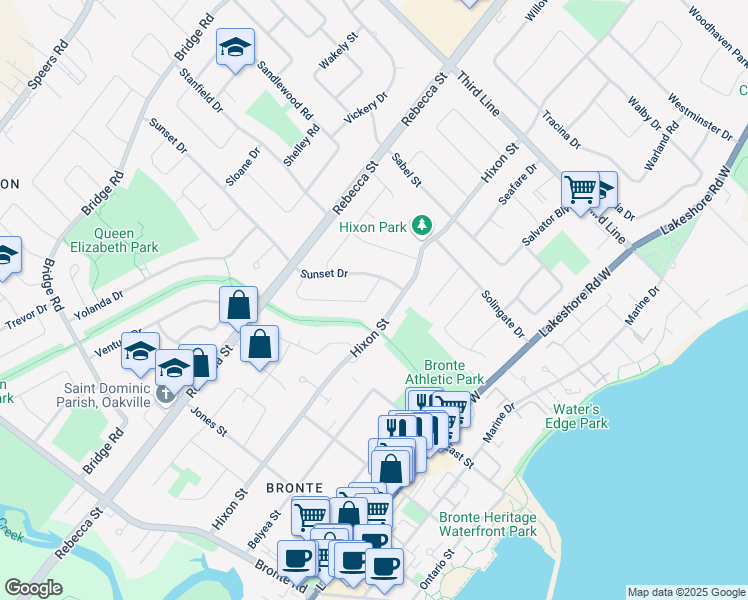 map of restaurants, bars, coffee shops, grocery stores, and more near 230 Sunrise Crescent in Oakville