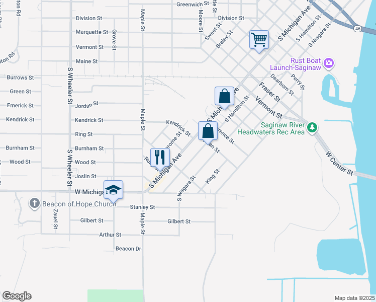 map of restaurants, bars, coffee shops, grocery stores, and more near 2216 Jerome Street in Saginaw