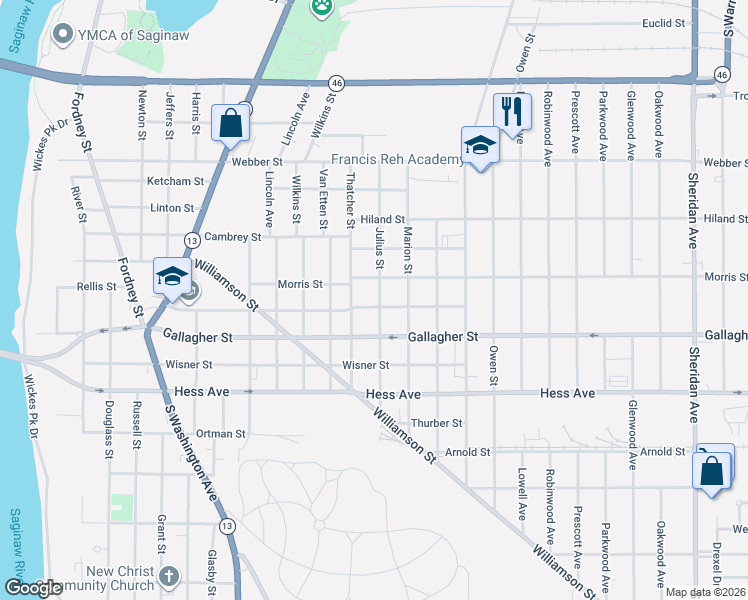 map of restaurants, bars, coffee shops, grocery stores, and more near 2424 Julius Street in Saginaw