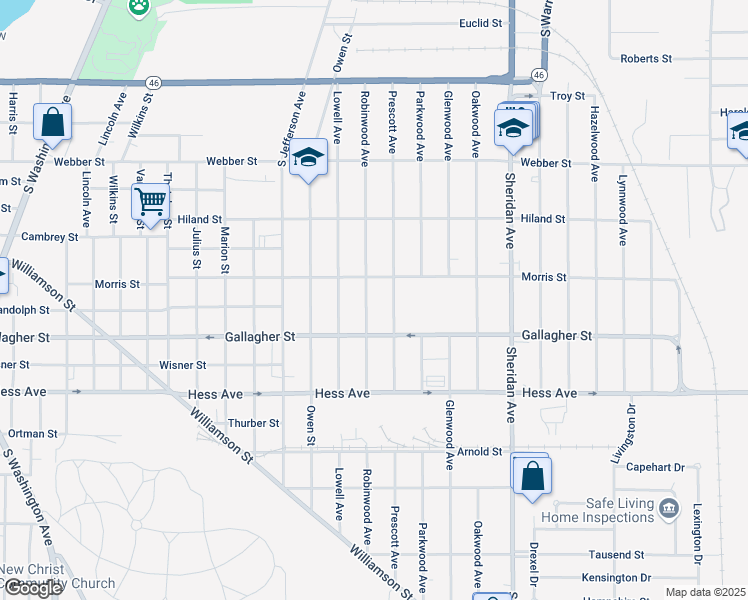 map of restaurants, bars, coffee shops, grocery stores, and more near 1821 Morris Street in Saginaw