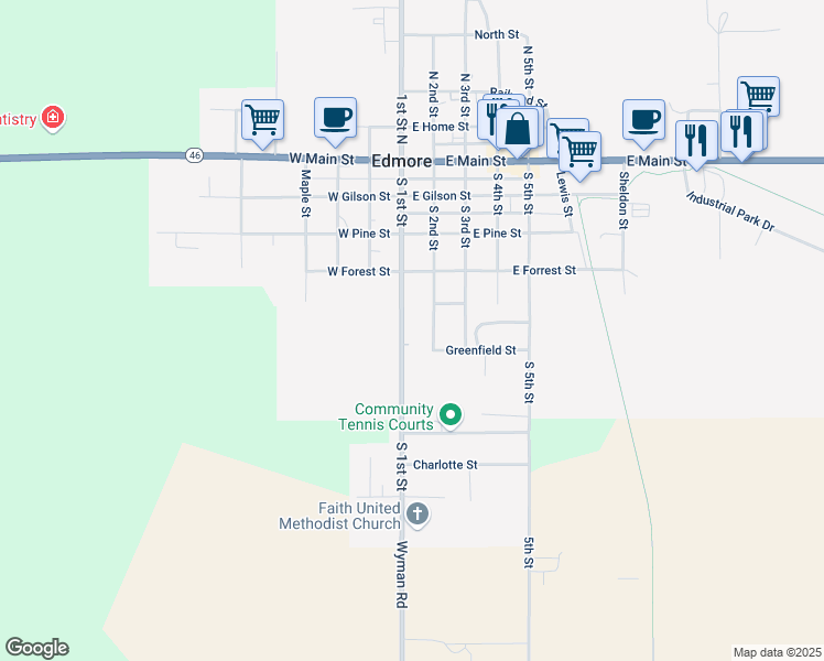 map of restaurants, bars, coffee shops, grocery stores, and more near 417 South 1st Street in Edmore