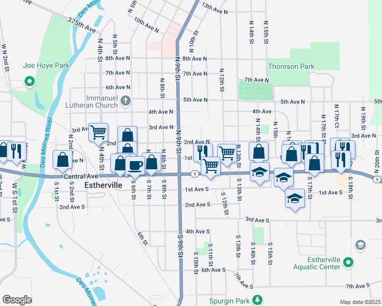 map of restaurants, bars, coffee shops, grocery stores, and more near 901-999 2nd Avenue North in Estherville