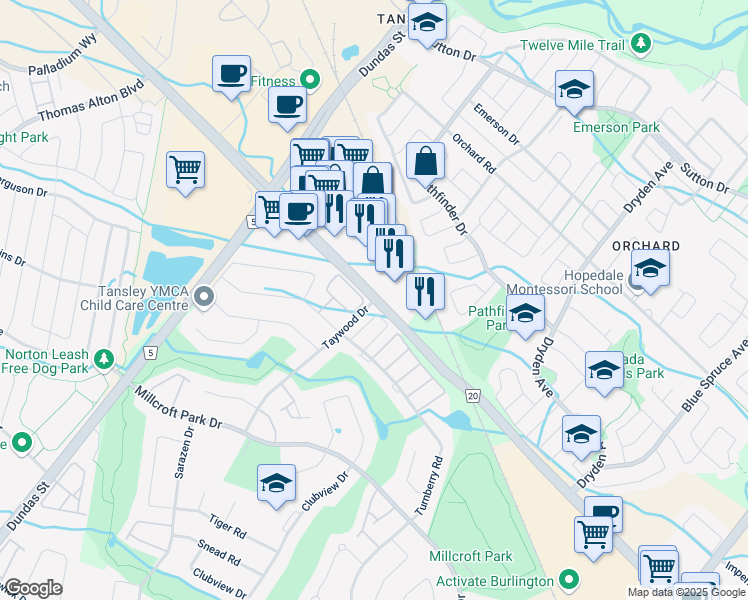 map of restaurants, bars, coffee shops, grocery stores, and more near in Burlington