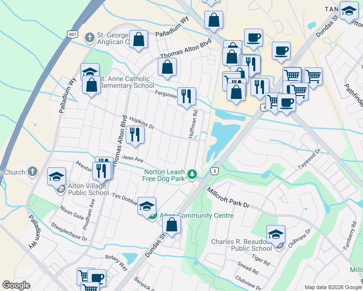 map of restaurants, bars, coffee shops, grocery stores, and more near 4644 Ethel Road in Burlington