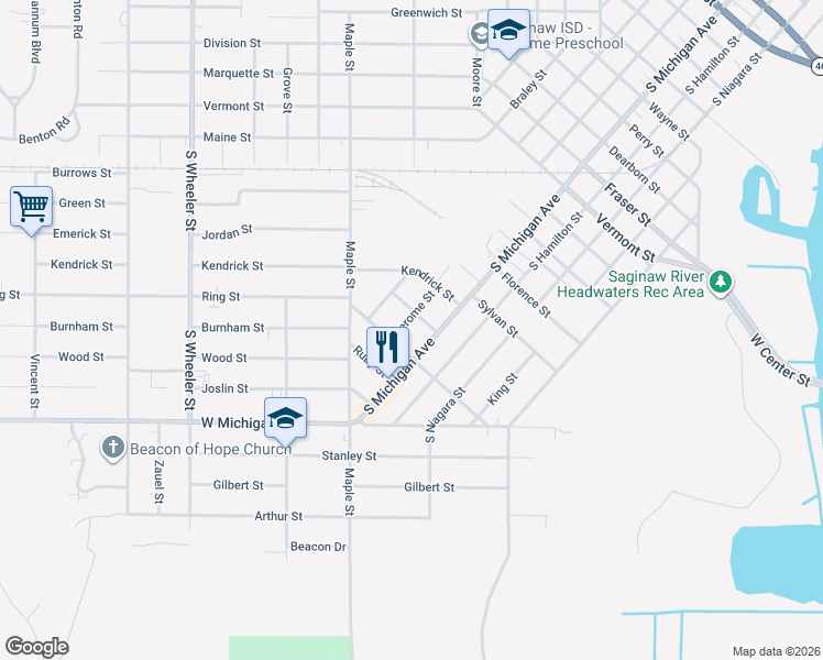 map of restaurants, bars, coffee shops, grocery stores, and more near 2306 Patton Street in Saginaw