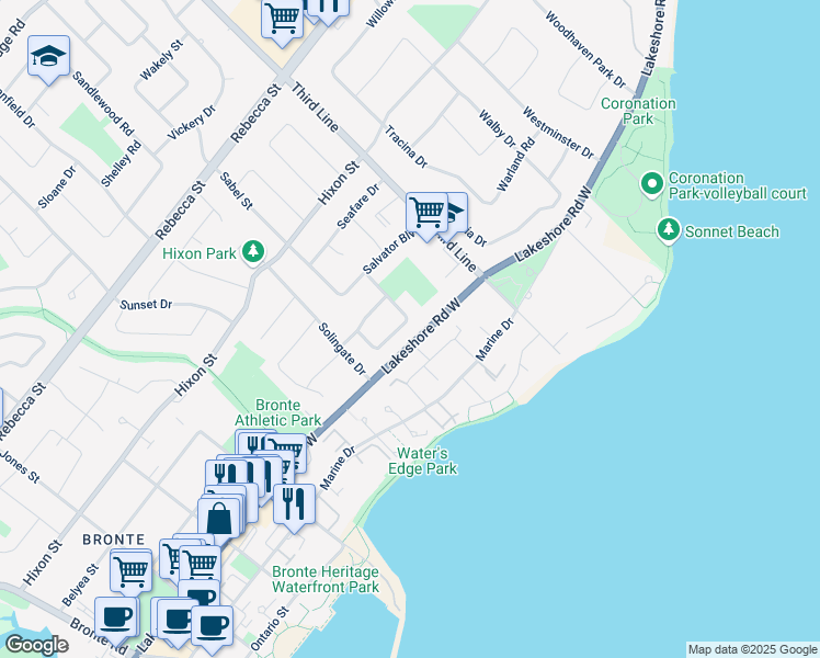 map of restaurants, bars, coffee shops, grocery stores, and more near 2084 Thornlea Drive in Oakville