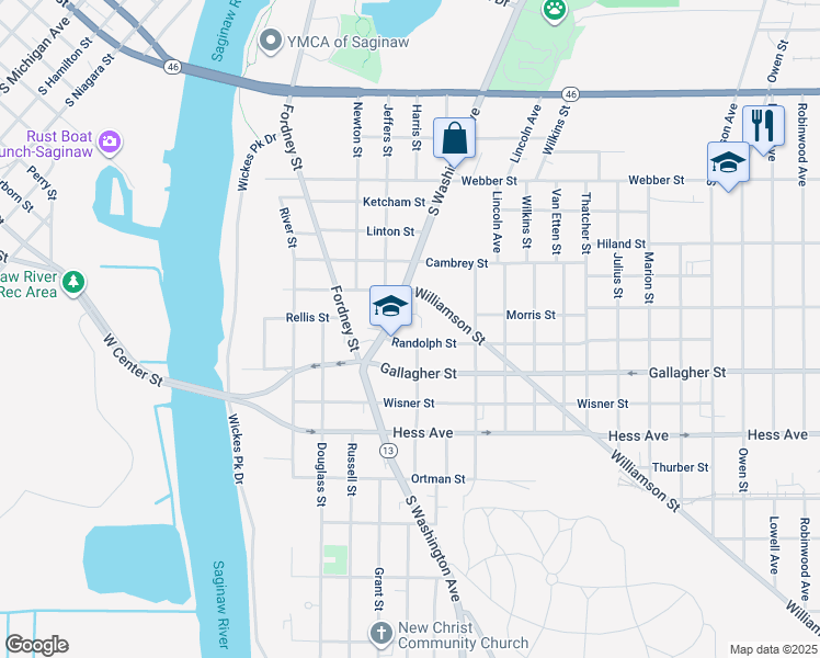 map of restaurants, bars, coffee shops, grocery stores, and more near 435 Randolph Street in Saginaw
