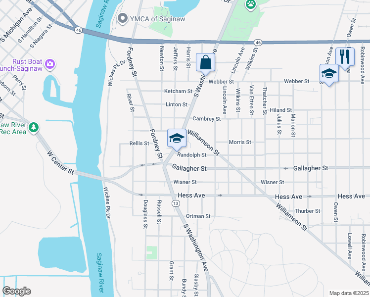 map of restaurants, bars, coffee shops, grocery stores, and more near 435 Randolph Street in Saginaw